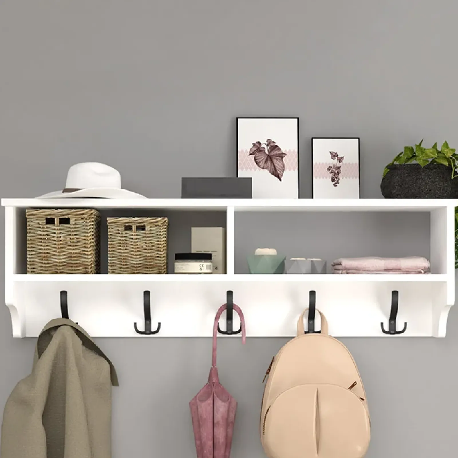 Garnero Arredamenti Appendiabiti E Attaccapanni|Appendiabiti E Attaccapanni-Appendiabiti da parete 120x37h cm con vani Fionia Bianco