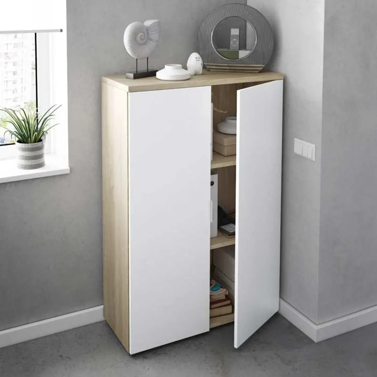 Garnero Arredamenti Armadi Ufficio-Armadietto ufficio 80x119h cm 2 ante rovere bianco opaco Work