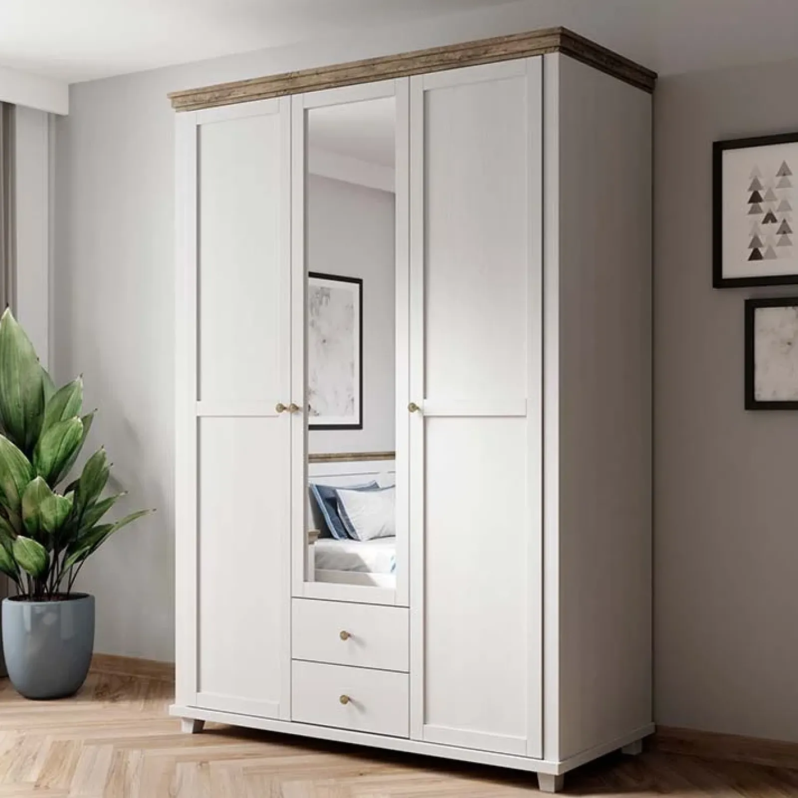 Garnero Arredamenti Armadio Ante A Specchio|Armadio Ante Battenti-Armadio 154x216h cm 3 ante 2 cassetti con specchio quercia Texel Bianco Frassinato