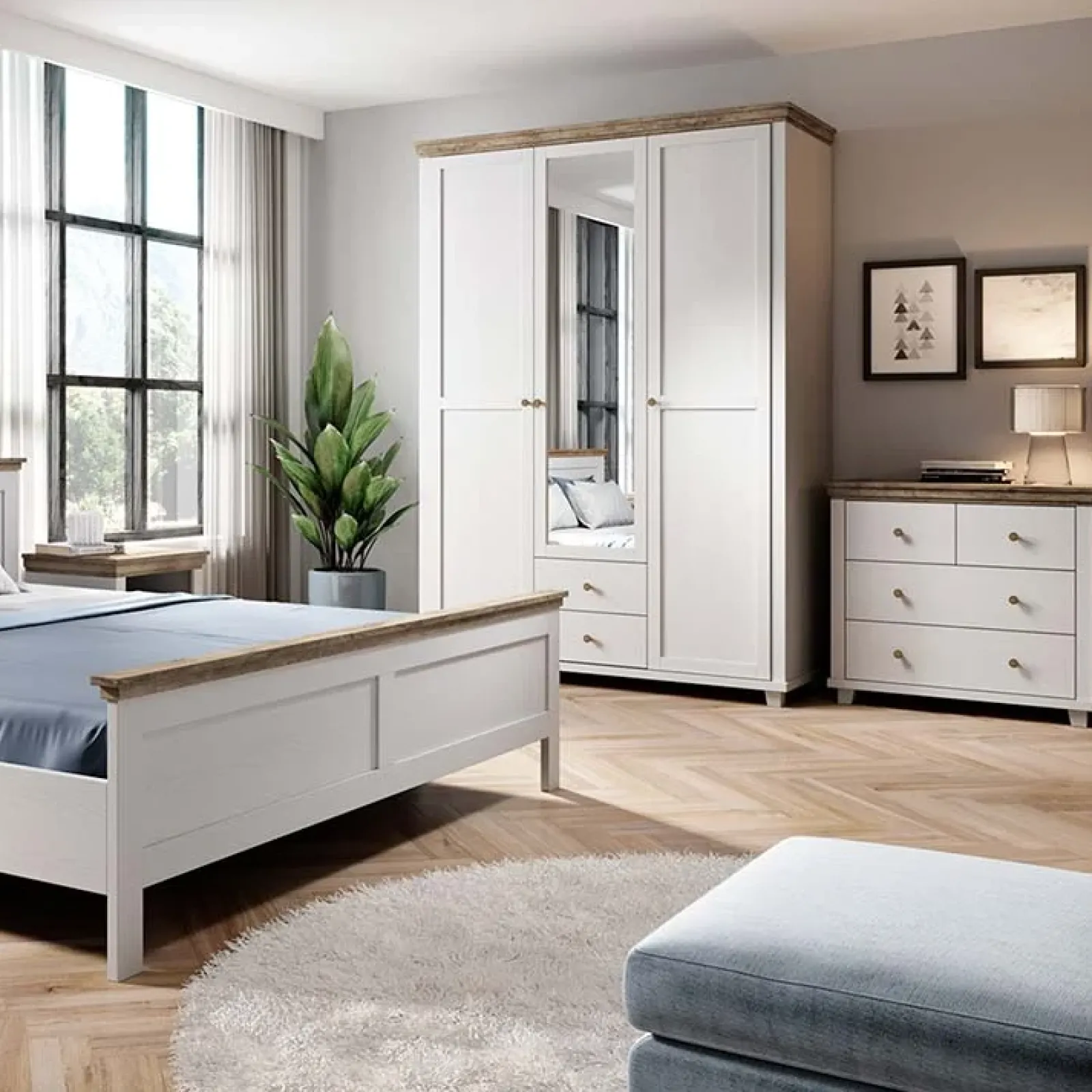 Garnero Arredamenti Armadio Ante A Specchio|Armadio Ante Battenti-Armadio 154x216h cm 3 ante 2 cassetti con specchio quercia Texel Bianco Frassinato