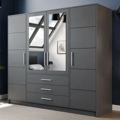 Garnero Arredamenti Armadio Ante A Specchio-Armadio 196x200h cm 4 ante 3 cassetti con specchio Sottosogno Grafite