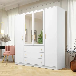 Garnero Arredamenti Armadio Ante A Specchio-Armadio 196x200h cm 4 ante 3 cassetti con specchio bianco oro Ylma