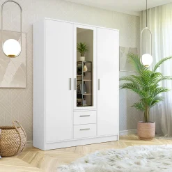 Garnero Arredamenti Armadio Ante Battenti-Armadio 153x202h cm 3 ante 2 cassetti con specchio bianco opaco Enirel