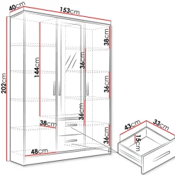 Garnero Arredamenti Armadio Ante Battenti-Armadio 153x202h cm 3 ante 2 cassetti con specchio bianco opaco Enirel