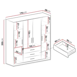 Garnero Arredamenti Armadio Ante A Specchio-Armadio 196x200h cm 4 ante 3 cassetti con specchio bianco Sottosogno Bianco Opaco