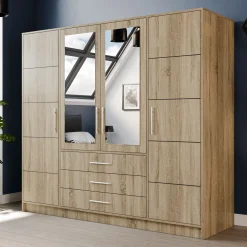 Garnero Arredamenti Armadio Ante A Specchio-Armadio 196x200h cm 4 ante 3 cassetti con specchio Sottosogno Rovere sonoma
