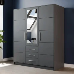 Garnero Arredamenti Armadio Ante Battenti-Armadio 147x200h cm 3 ante 3 cassetti con specchio Sottosogno Grafite
