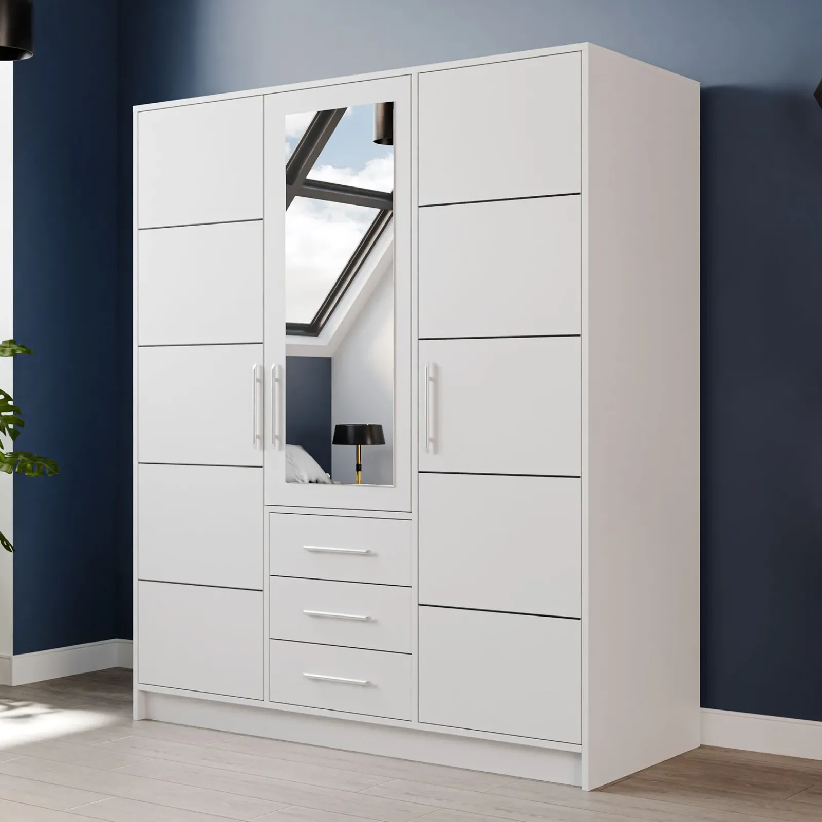 Garnero Arredamenti Armadio Ante Battenti-Armadio 147x200h cm 3 ante 3 cassetti con specchio bianco Sottosogno Bianco Opaco