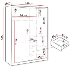 Garnero Arredamenti Armadio Ante Battenti-Armadio 147x200h cm 3 ante 3 cassetti con specchio bianco Sottosogno Bianco Opaco
