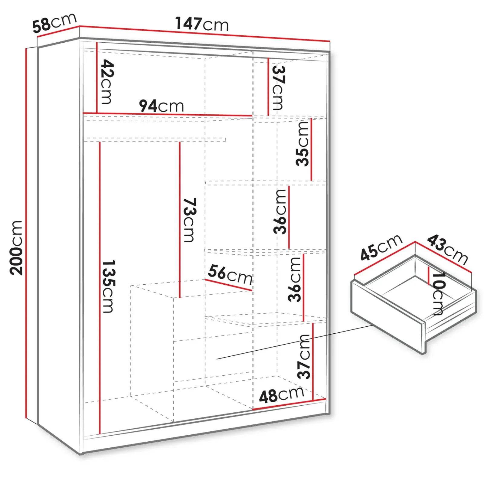 Garnero Arredamenti Armadio Ante Battenti-Armadio 147x200h cm 3 ante 3 cassetti con specchio bianco Sottosogno Bianco Opaco