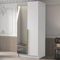Garnero Arredamenti Armadio Cameretta|Armadio Ante A Specchio-Armadio 100x215h cm 2 ante 1 specchio moderno bianco oro Glammy 2 Bianco Opaco - Oro