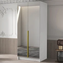 Garnero Arredamenti Armadio Cameretta|Armadio Ante A Specchio-Armadio 100x215h cm 2 ante 2 specchi moderno bianco oro Glammy 2 Bianco Opaco - Oro