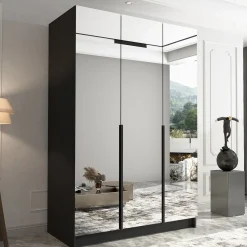 Garnero Arredamenti Armadio Cameretta|Armadio Ante A Specchio-Armadio 150x215h cm 3 ante 3 specchi moderno nero Glammy 3 Nero Opaco - Nero