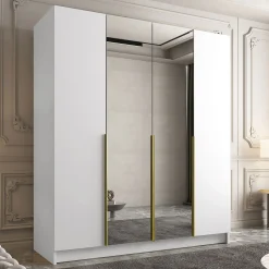 Garnero Arredamenti Armadio Ante A Specchio|Armadio Ante Battenti-Armadio 200x215h cm 4 ante 2 specchi moderno bianco oro Glammy 4 Bianco Opaco - Oro