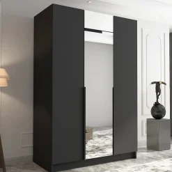 Garnero Arredamenti Armadio Cameretta|Armadio Ante A Specchio-Armadio 150x215h cm 3 ante 1 specchio moderno nero Glammy 3 Nero Opaco - Nero