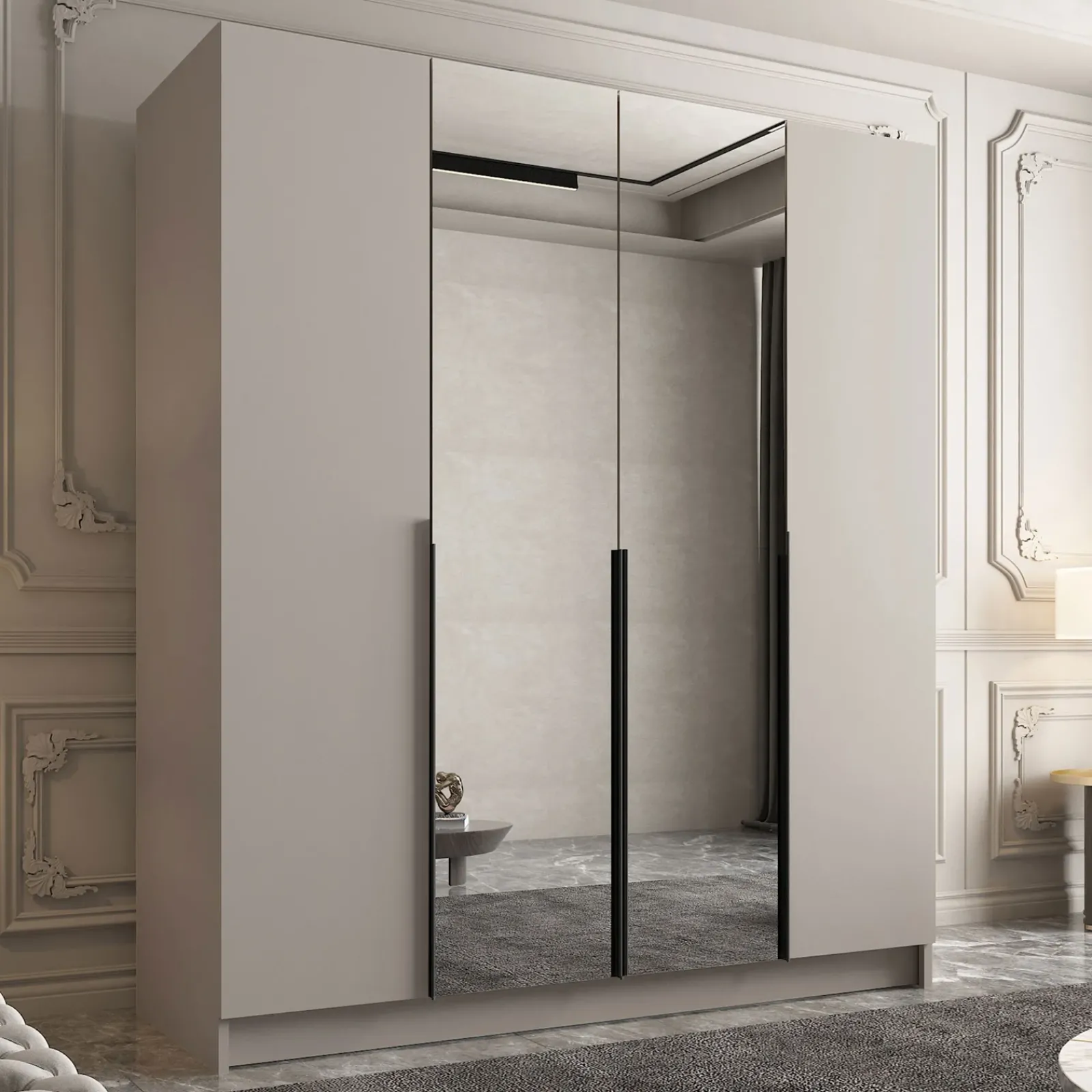 Garnero Arredamenti Armadio Ante A Specchio|Armadio Ante Battenti-Armadio 200x215h cm 4 ante 2 specchi beige moderna nero Glammy 4 Beige - Nero