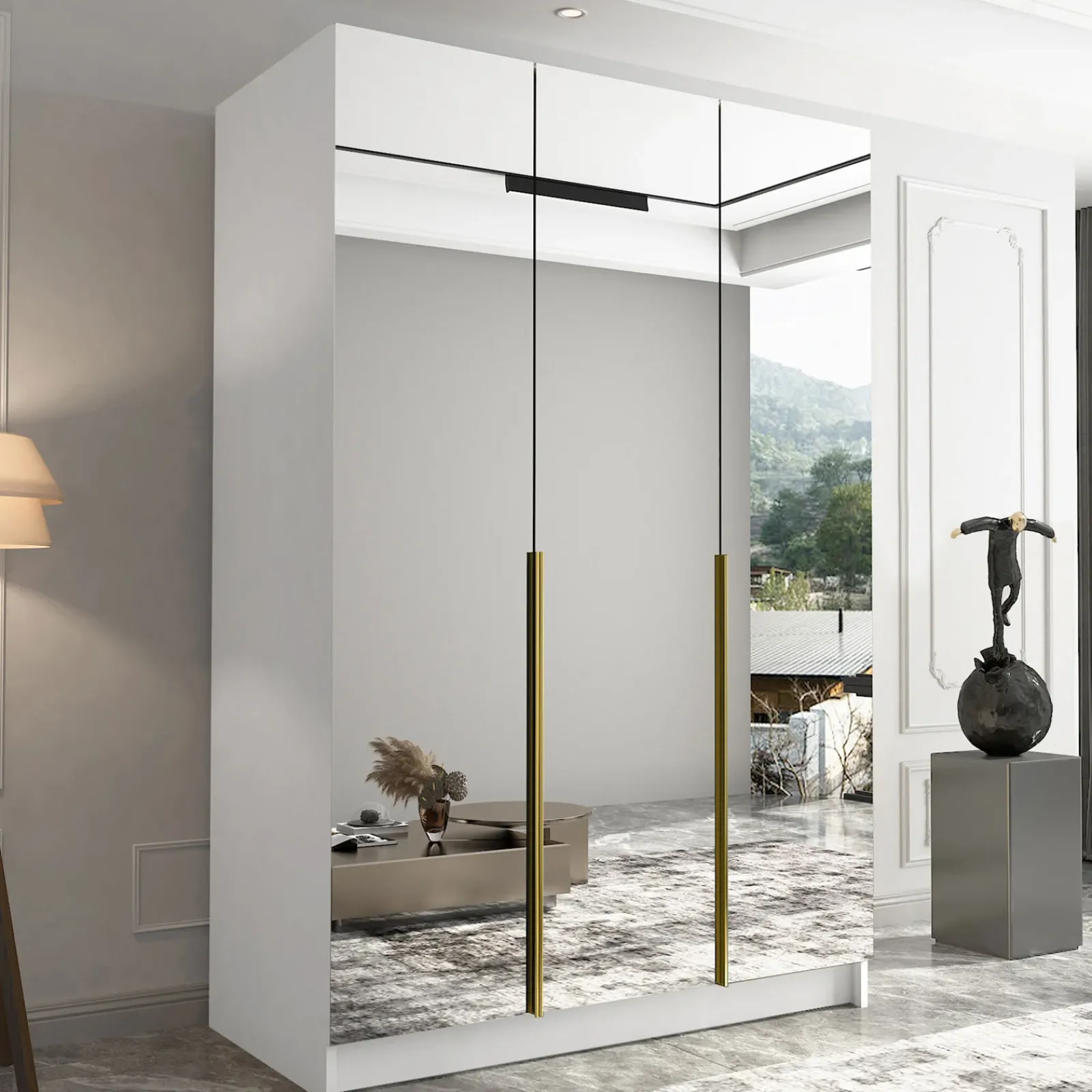 Garnero Arredamenti Armadio Cameretta|Armadio Ante A Specchio-Armadio 150x215h cm 3 ante 3 specchi moderno bianco oro Glammy 3 Bianco Opaco - Oro