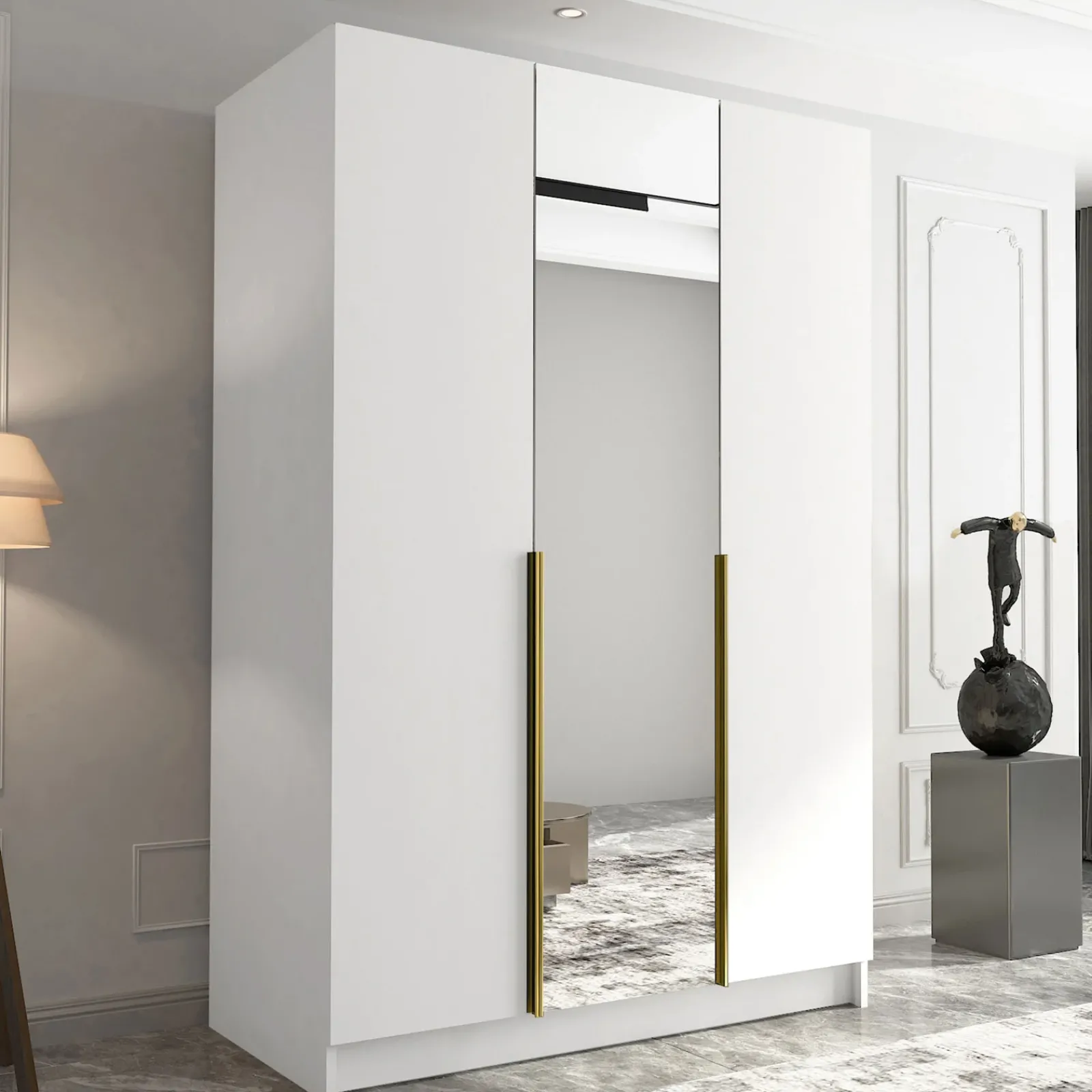 Garnero Arredamenti Armadio Cameretta|Armadio Ante A Specchio-Armadio 150x215h cm 3 ante 1 specchio moderno bianco oro Glammy 3 Bianco Opaco - Oro