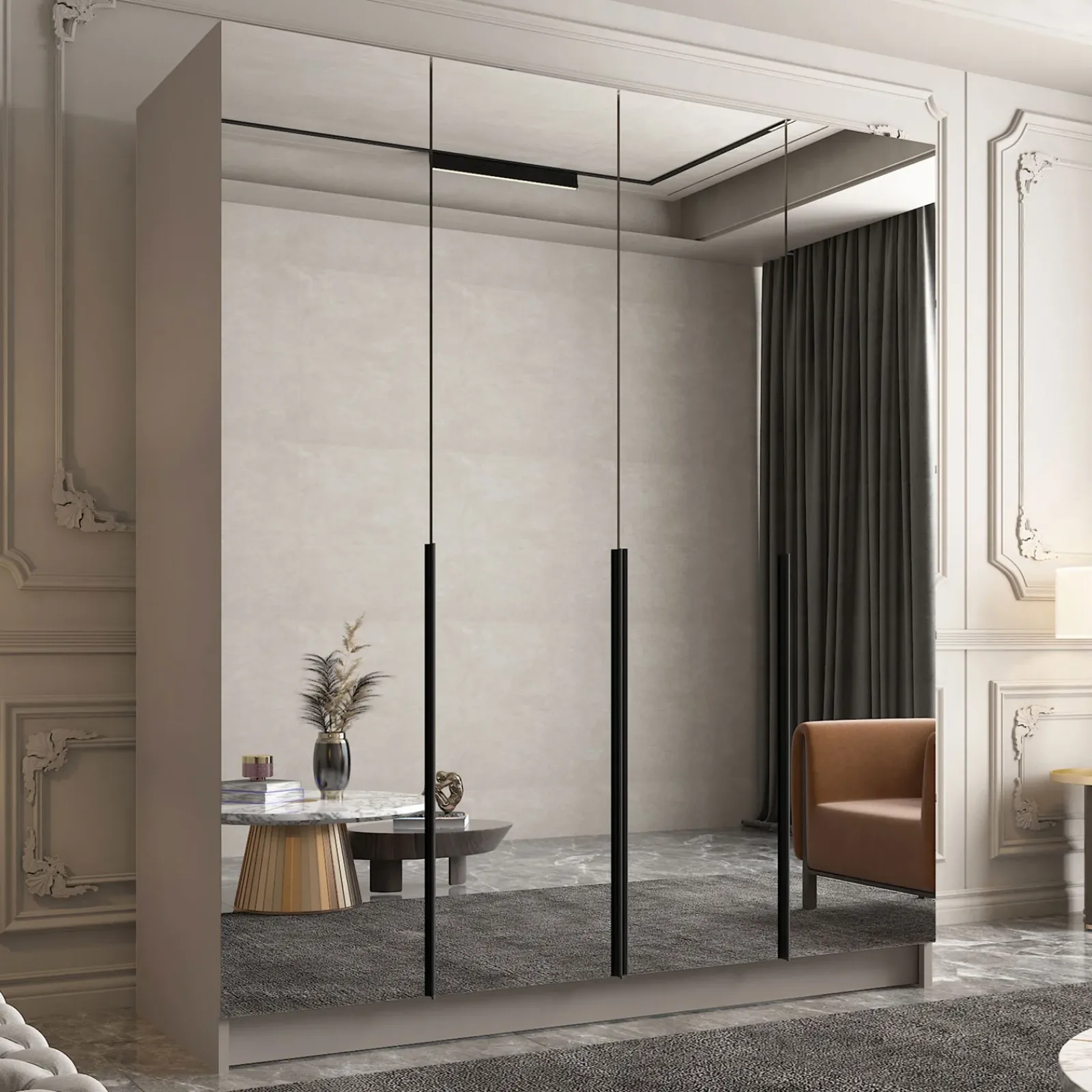 Garnero Arredamenti Armadio Ante A Specchio|Armadio Ante Battenti-Armadio 200x215h cm 4 ante 4 specchi moderno beige nero Glammy 4 Beige - Nero