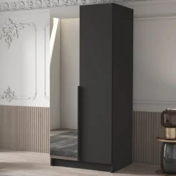 Garnero Arredamenti Armadio Cameretta|Armadio Ante A Specchio-Armadio 100x215h cm 2 ante 1 specchio moderno nero Glammy 2 Nero Opaco - Nero