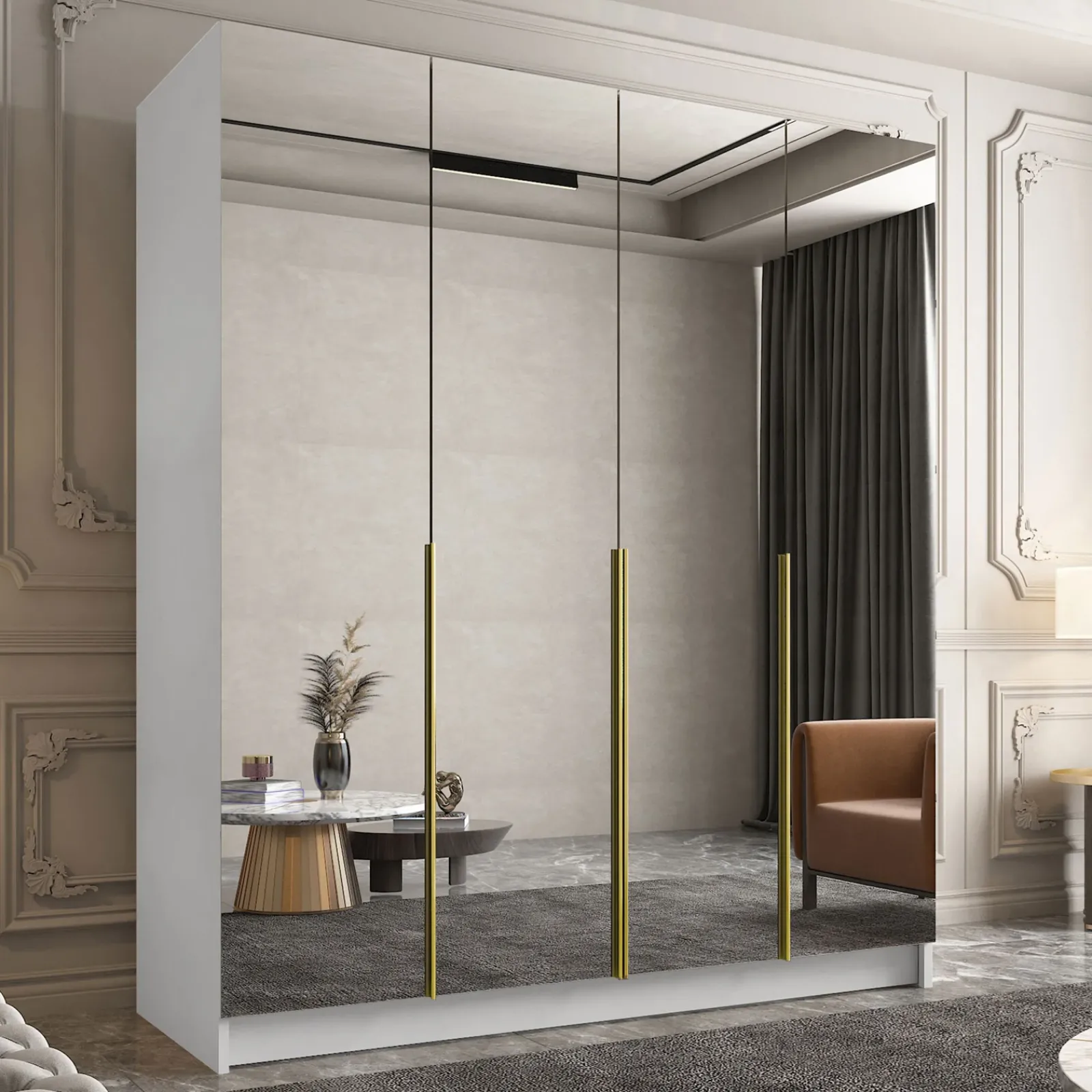 Garnero Arredamenti Armadio Ante A Specchio|Armadio Ante Battenti-Armadio 200x215h cm 4 ante 4 specchi moderno bianco oro Glammy 4 Bianco Opaco - Oro