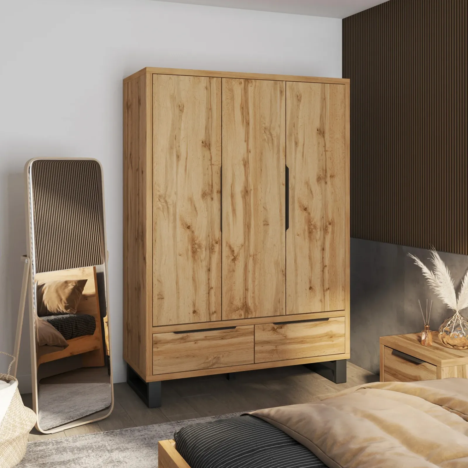 Garnero Arredamenti Armadio Ante Battenti|Guardaroba-Armadio 145x210h cm 3 ante battenti 2 cassetti rovere Petra