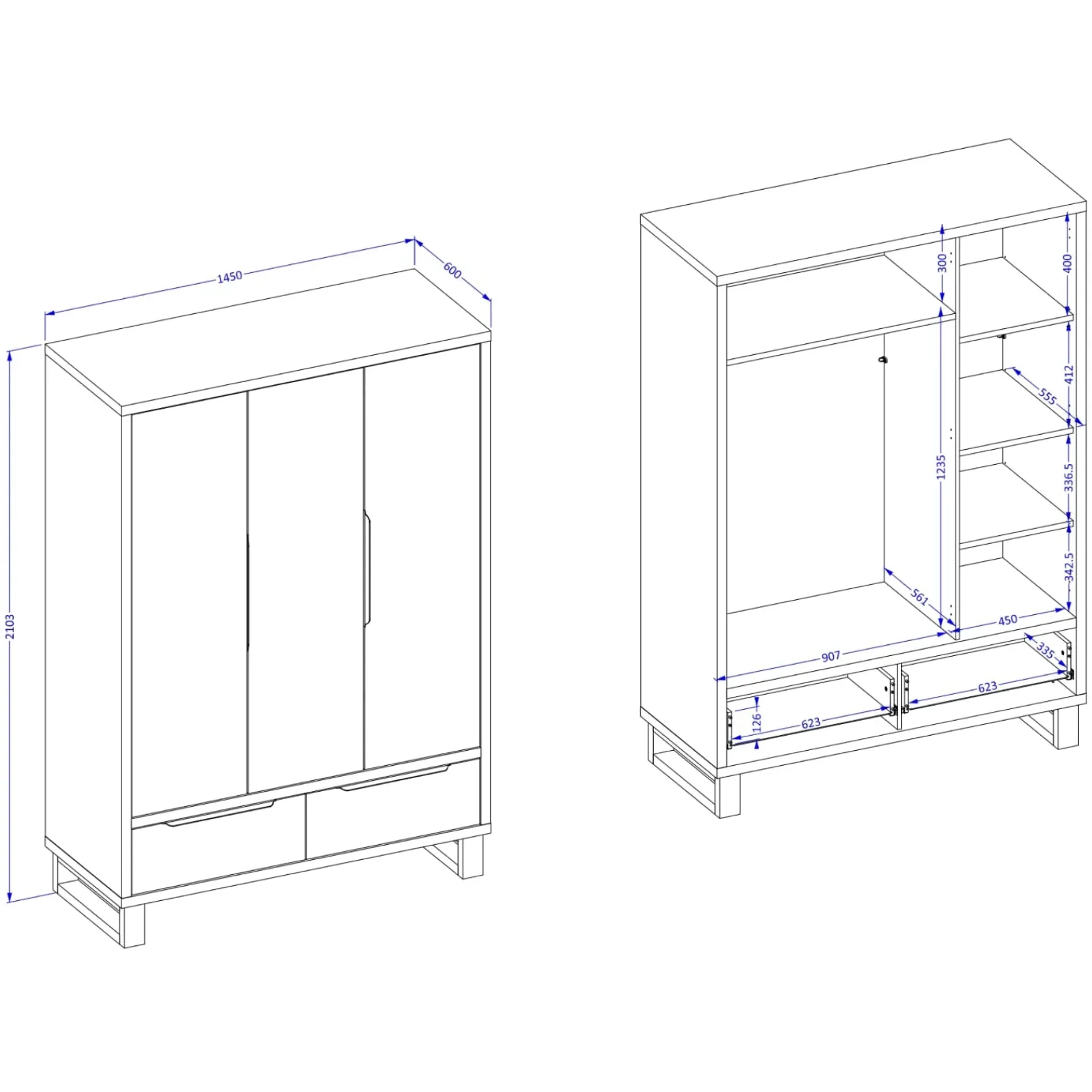 Garnero Arredamenti Armadio Ante Battenti|Guardaroba-Armadio 145x210h cm 3 ante battenti 2 cassetti rovere Petra