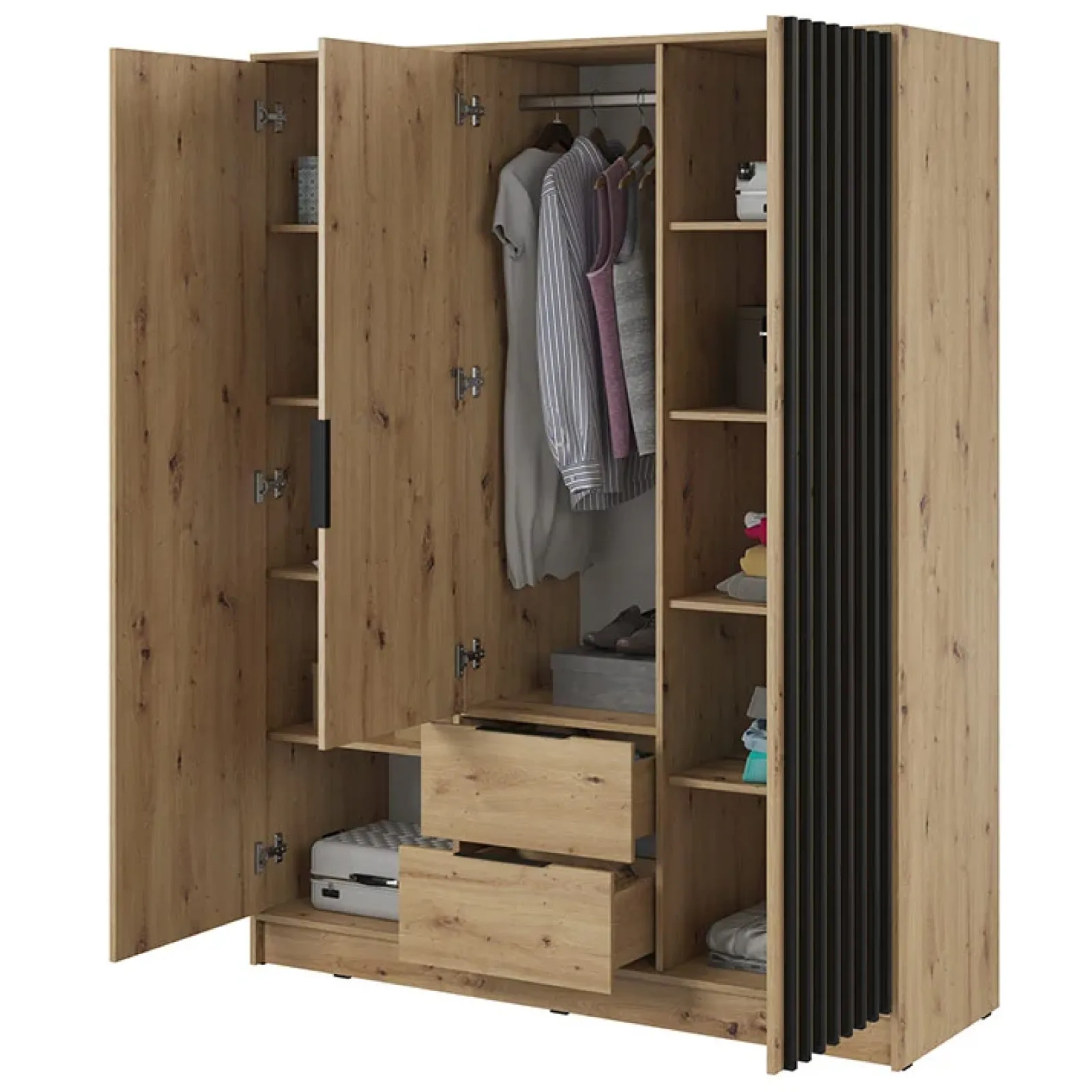 Garnero Arredamenti Armadio Ante Battenti|Guardaroba-Armadio 155x200h cm 3 ante con cassetti moderno quercia nero Miller Rovere Rustico