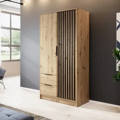 Garnero Arredamenti Armadio Ante Battenti|Guardaroba-Armadio 105x200h cm 2 ante con cassetti moderno quercia nero Miller Rovere Rustico