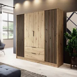 Garnero Arredamenti Armadio Ante Battenti|Guardaroba-Armadio 206x200h cm 4 ante con cassetti moderno quercia nero Miller Rovere Rustico