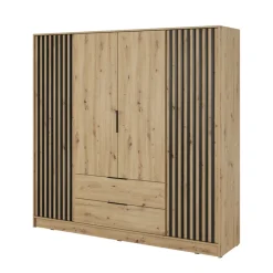 Garnero Arredamenti Armadio Ante Battenti|Guardaroba-Armadio 206x200h cm 4 ante con cassetti moderno quercia nero Miller Rovere Rustico