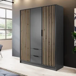 Garnero Arredamenti Armadio Ante Battenti|Guardaroba-Armadio 155x200h cm 3 ante con cassetti moderno quercia Miller Antracite