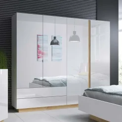 Garnero Arredamenti Armadio Ante A Specchio|Armadio Ante Battenti-Armadio 220x203h cm 4 ante con cassetti moderno bianco lucido rovere Noa