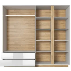 Garnero Arredamenti Armadio Ante A Specchio|Armadio Ante Battenti-Armadio 220x203h cm 4 ante con cassetti moderno bianco lucido rovere Noa