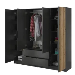 Garnero Arredamenti Armadio Ante Battenti|Guardaroba-Armadio 206x200h cm 4 ante con cassetti quercia Miller Antracite