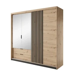 Garnero Arredamenti Armadio Ante A Specchio|Guardaroba-Armadio 220x211h cm 4 ante con specchio rovere antracite Rubik