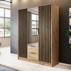 Garnero Arredamenti Armadio Ante A Specchio|Armadio Ante Battenti-Armadio 155x200h cm 3 ante con specchio moderno quercia nero Miller Rovere Rustico