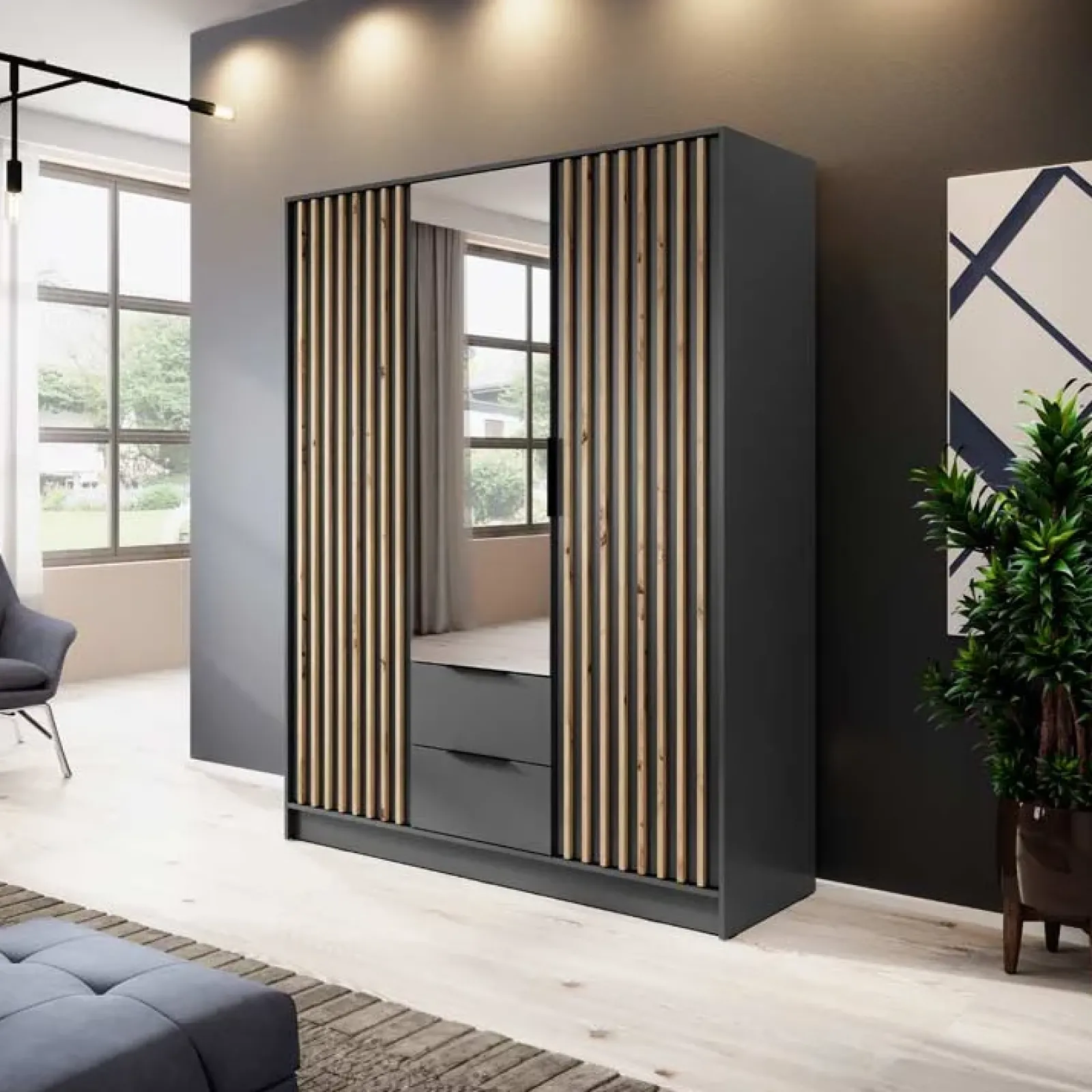 Garnero Arredamenti Armadio Ante A Specchio|Armadio Ante Battenti-Armadio 155x200h cm 3 ante con specchio quercia Miller Antracite