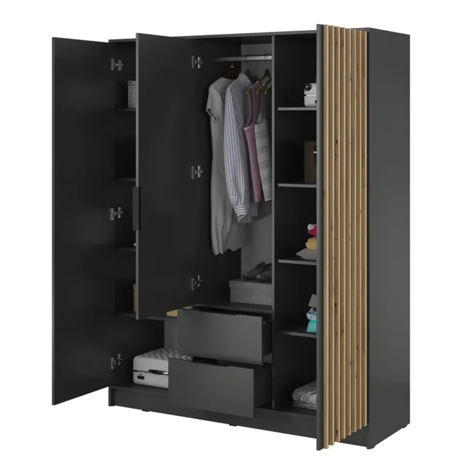 Garnero Arredamenti Armadio Ante A Specchio|Armadio Ante Battenti-Armadio 155x200h cm 3 ante con specchio quercia Miller Antracite