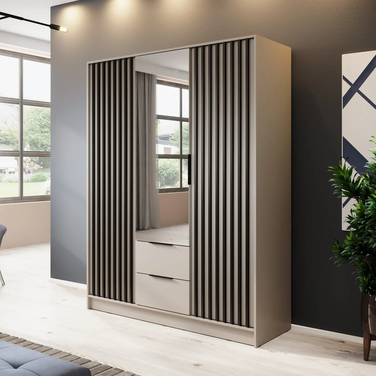 Garnero Arredamenti Armadio Ante A Specchio|Armadio Ante Battenti-Armadio 155x200h cm 3 ante con specchio cashmere Miller Beige