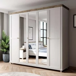 Garnero Arredamenti Armadio Ante A Specchio|Armadio Ante Battenti-Armadio 246x216h cm 5 ante con specchio pino bianco quercia Texel Bianco Frassinato