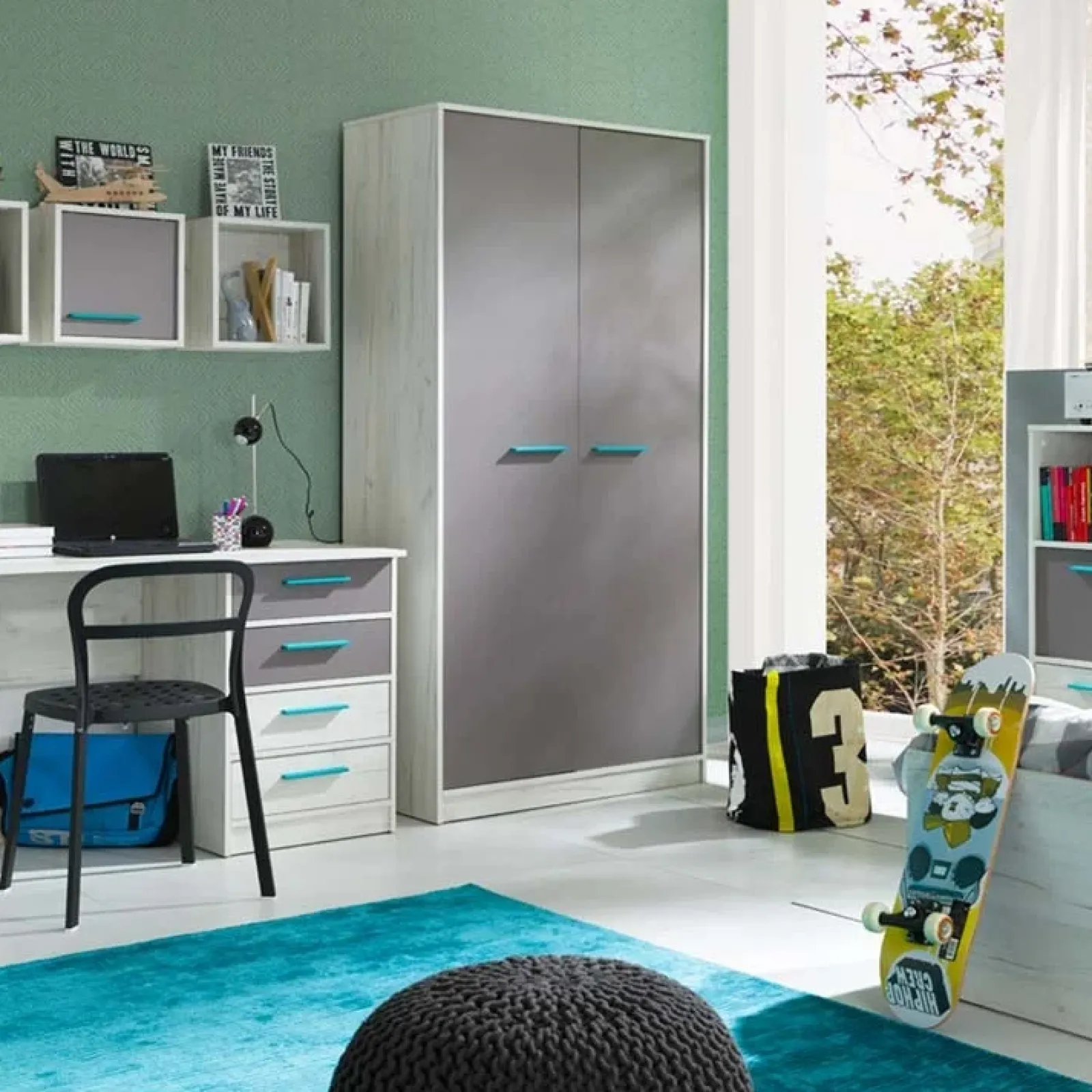 Garnero Arredamenti Armadio Cameretta-Armadio 96x195h cm 2 ante moderno pino bianco grigio blu Maya Gihome®