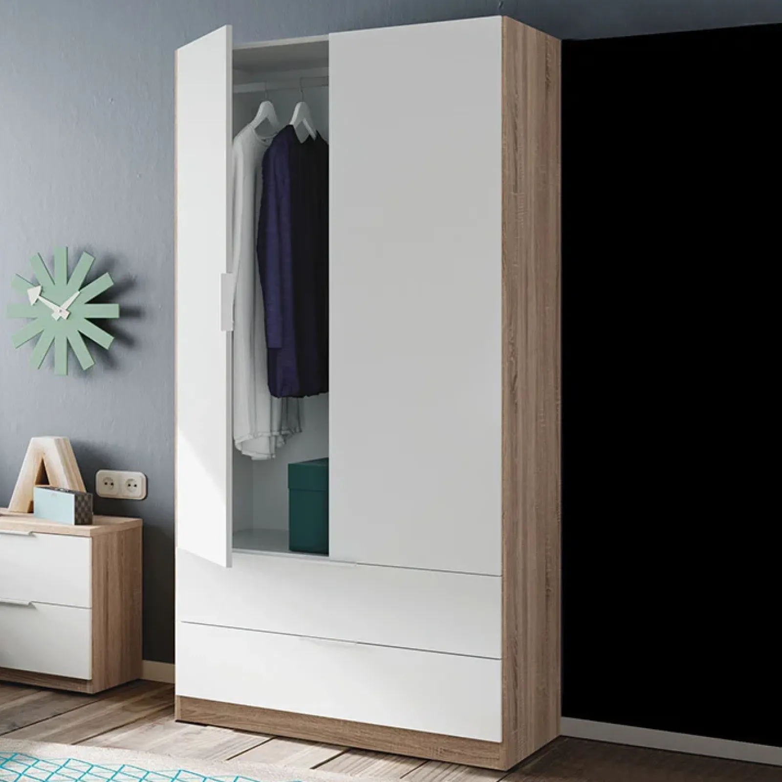 Garnero Arredamenti Armadio Cameretta|Armadio Ante Battenti-Armadio 82x180h cm 2 ante rovere bianco opaco 2 cassetti Abbey