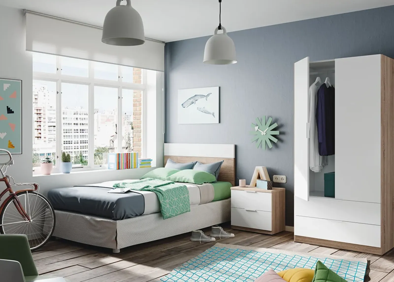 Garnero Arredamenti Armadio Cameretta|Armadio Ante Battenti-Armadio 82x180h cm 2 ante rovere bianco opaco 2 cassetti Abbey