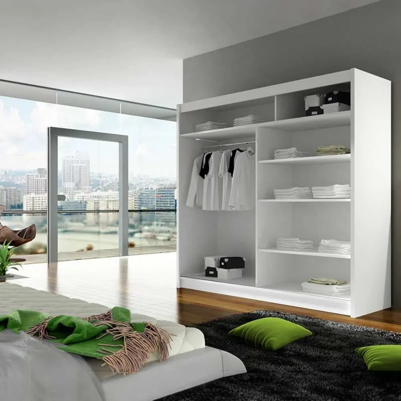 Garnero Arredamenti Armadio Ante Scorrevoli|Guardaroba-Armadio 180x215h cm 2 ante scorrevoli design moderno bianco Aisha Bianco Opaco