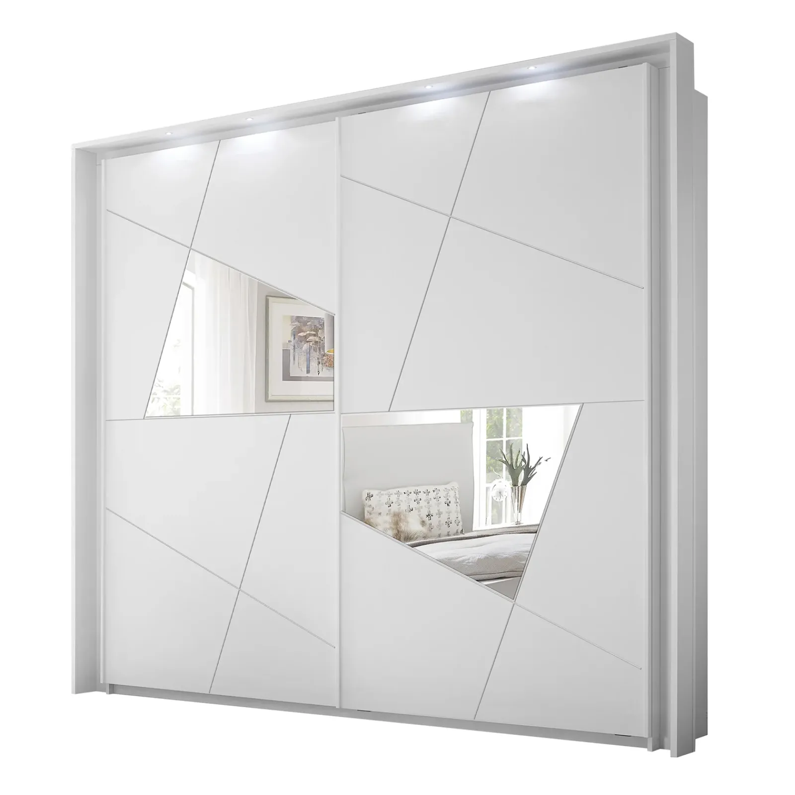 Garnero Arredamenti Armadio Ante A Specchio|Armadio Ante Scorrevoli-Armadio 243x230h cm 2 ante scorrevoli bianco frassinato opaco con serigrafia e specchio Olimpo