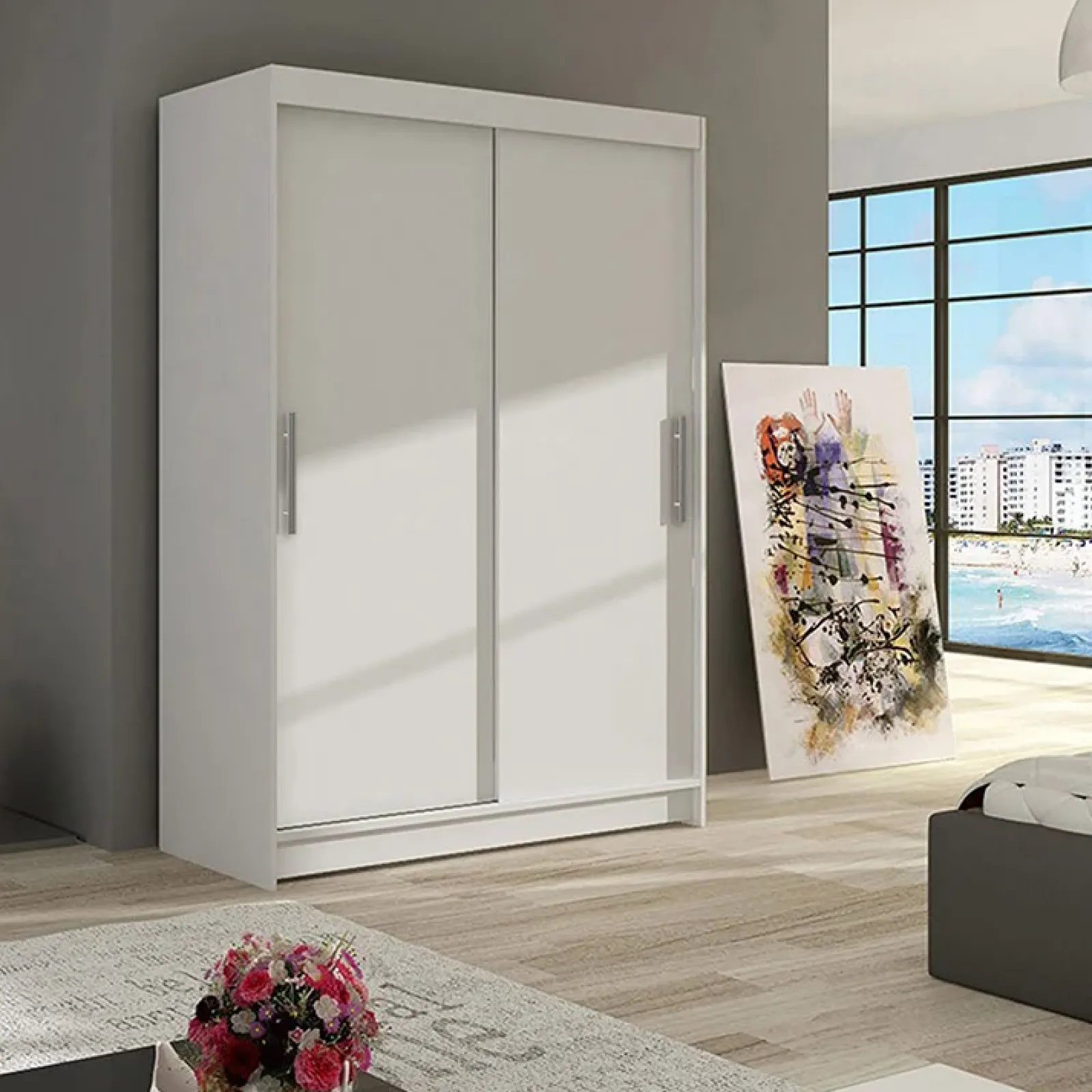 Garnero Arredamenti Armadio Ante Scorrevoli|Guardaroba-Armadio 150x200h cm 2 ante scorrevoli bianco con led Tancredi