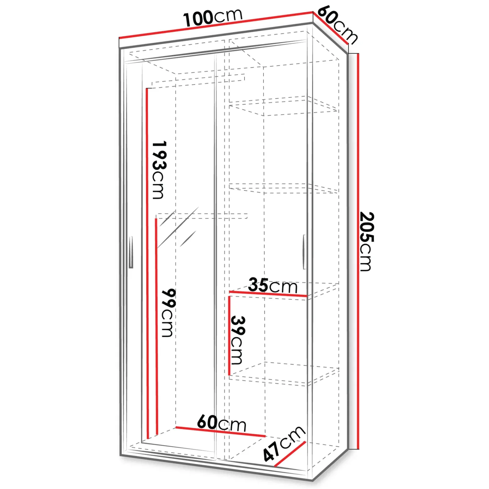 Garnero Arredamenti Armadio Ante Scorrevoli-Armadio 100x205h cm 2 ante scorrevoli con specchio bianco Boselia