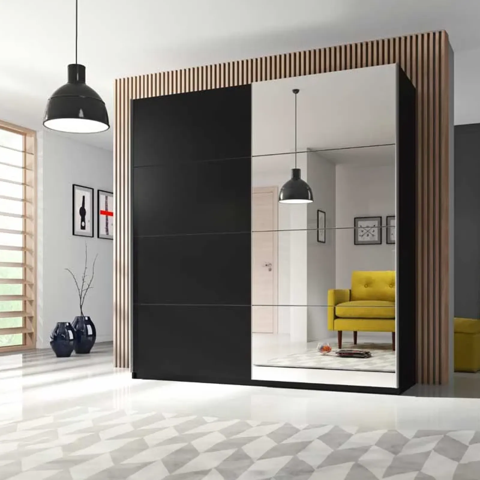 Garnero Arredamenti Armadio Ante A Specchio|Armadio Ante Scorrevoli-Armadio 180x210h cm 2 ante scorrevoli con specchio nero Pascal Gihome® Nero Opaco