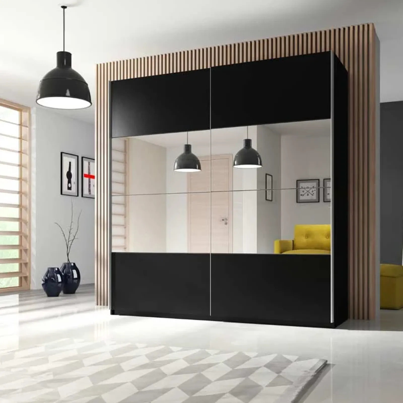 Garnero Arredamenti Armadio Ante A Specchio|Armadio Ante Scorrevoli-Armadio 180x210h cm 2 ante scorrevoli con specchio nero Pascal Gihome® Nero Opaco